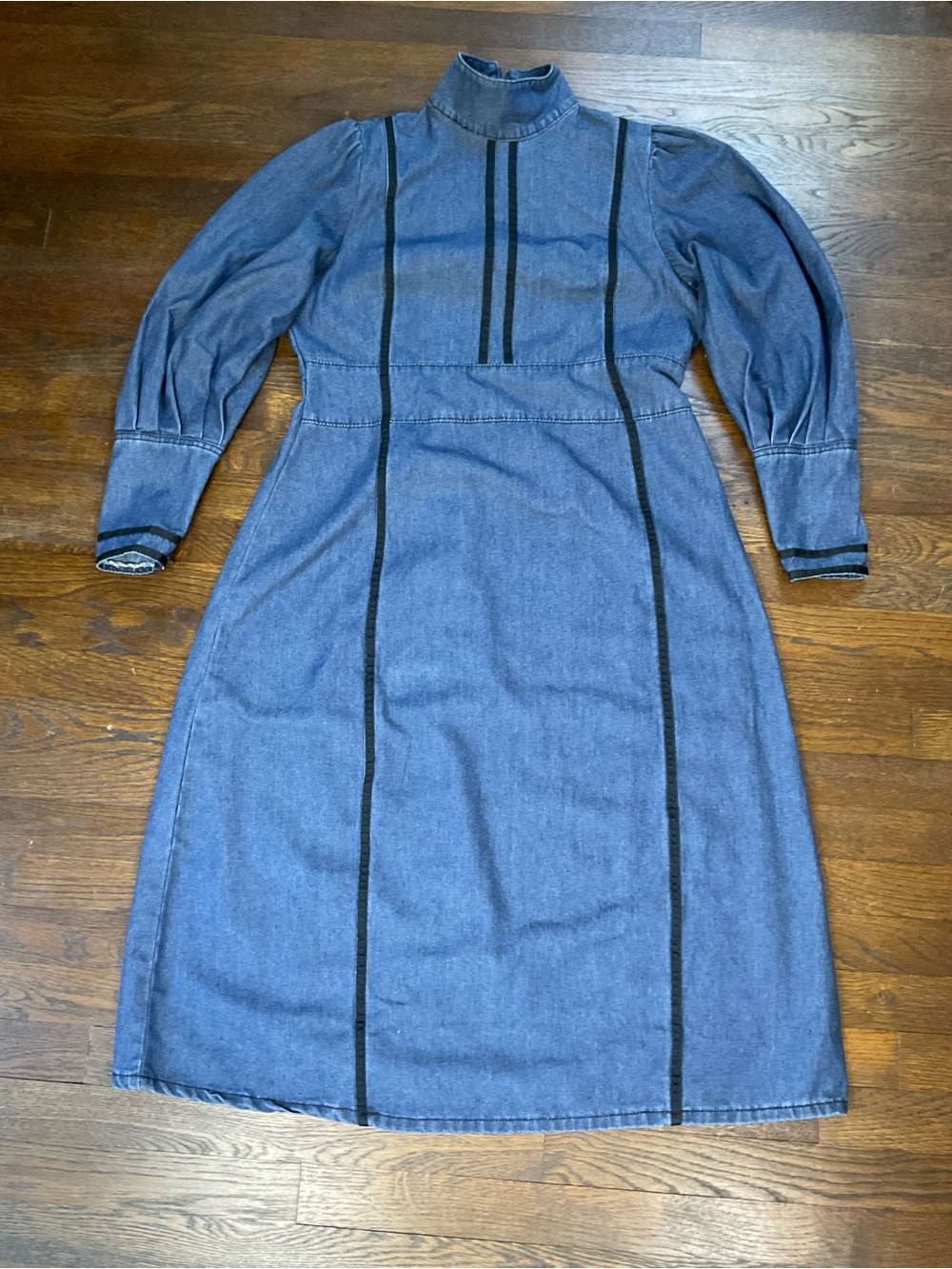 NWT ATTRIME Denim Midi Dress Puff Sleeve High Neck Black Trim Equestrian L/XL - Picture 9 of 16